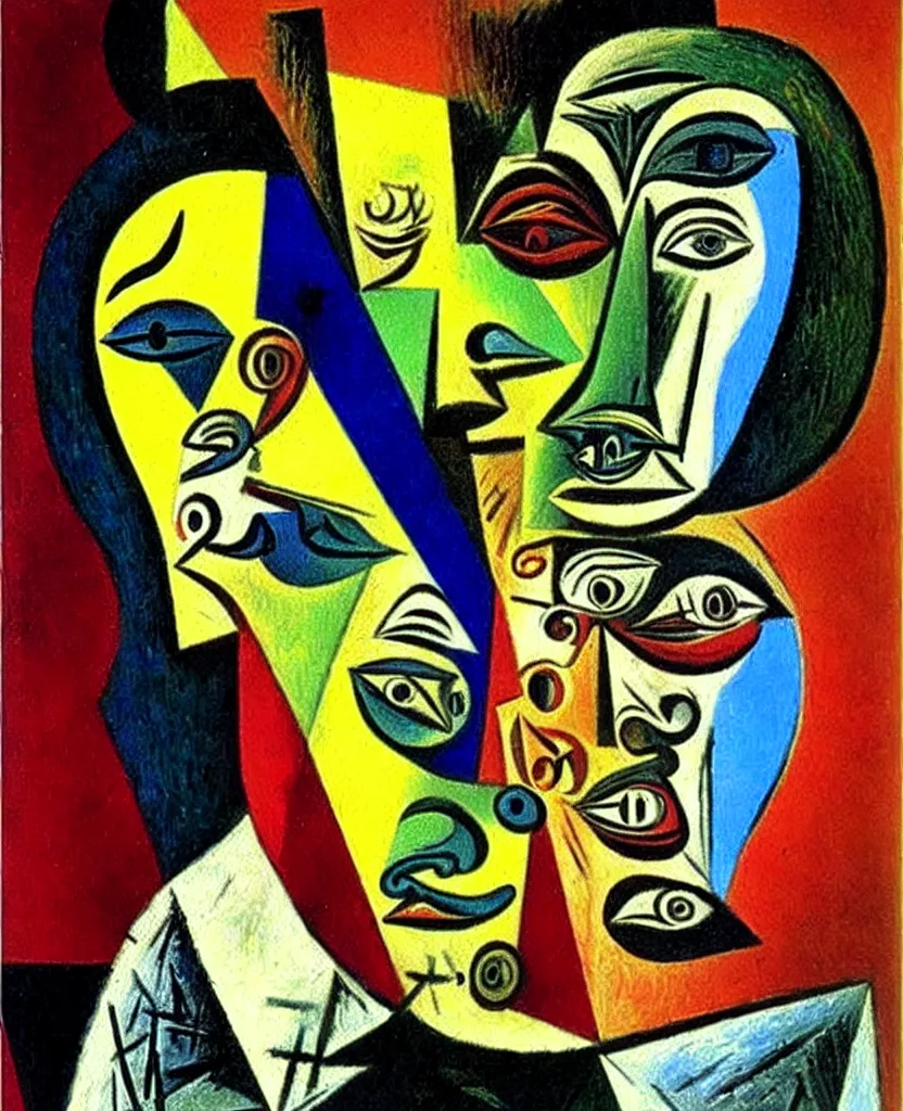 Prompt: vibrant oil painting of a supreme intelligence. picasso, dali.