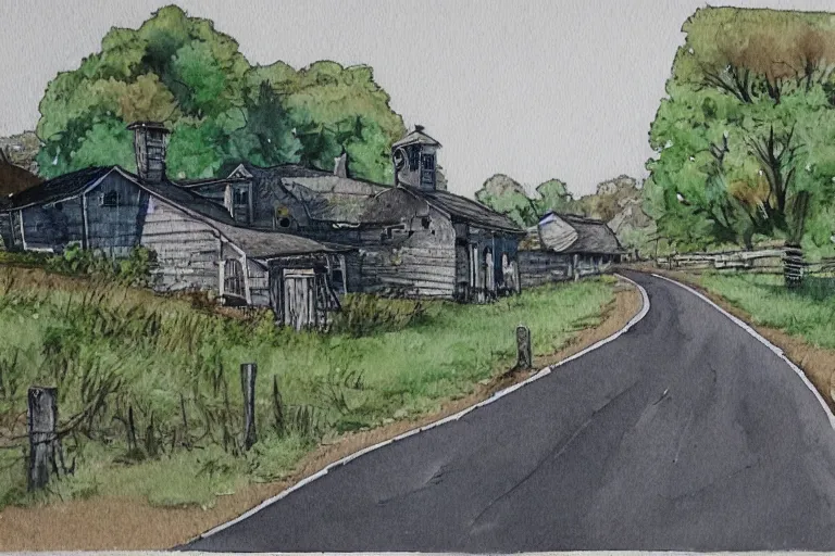 Image similar to country road store goose watercolor pen trending on artstation