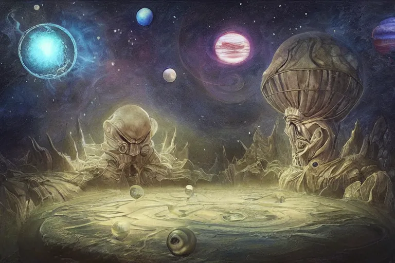 Prompt: Esao Andrews, scifi nightscape, planets, hyperrealistic surrealism, award winning masterpiece with incredible details, epic stunning, physically accurate, moody dynamic lighting, very very intricate, very very elegant, highly detailed, infinity concentric pool, a surreal vaporwave liminal space,very clear view, no grain, highly detailed, trending on ArtStation, artgerm and greg rutkowski and alphonse mucha, daily deviation, IAMAG, a golden pyramid with a gigantic cobra wrapped around it , meditative