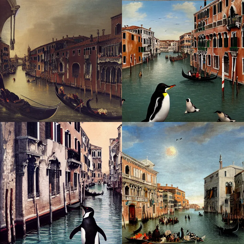 Prompt: a penguin in a carnival mask beside a canal in Venice, matte painting, old masters