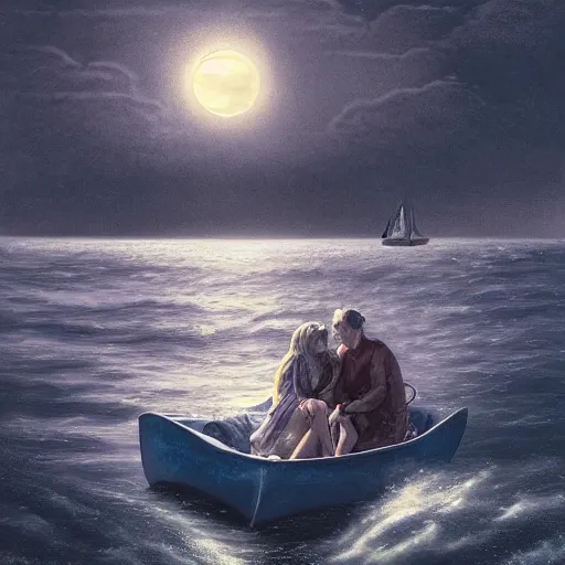 Image similar to man and daughter in a small boat on a rough sea late at night, moonlight reflections across water, hyper realism, high detail, deep aesthetic, rich colors, 4k, highly ornate intricate details,