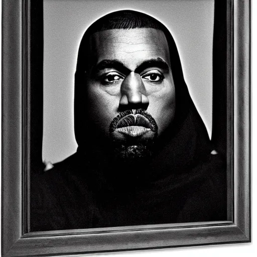 Image similar to a chiaroscuro lighting portrait of kanye west dressed as rick owens, black background, portrait by julia margaret cameron, shallow depth of field, 8 0 mm, f 1. 8