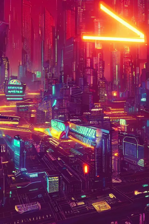 Prompt: cyberpunk city with a flight vehicle glowing in the sky, neon sign, cinematic composition, wide shot, bladerunner, by moebius