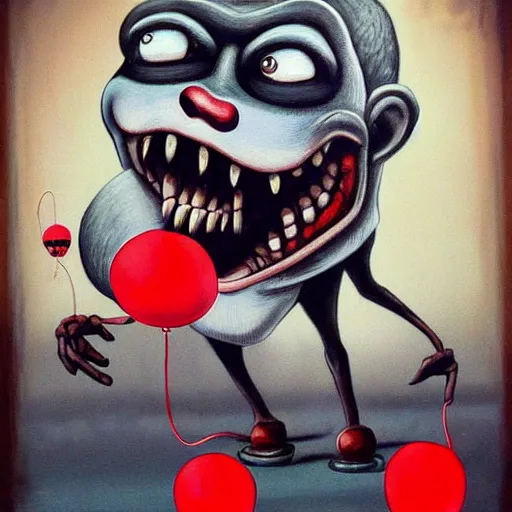 Prompt: grunge cartoon painting of an ape with a wide smile and a red balloon by chris leib, loony toons style, pennywise style, horror theme, detailed, elegant, intricate