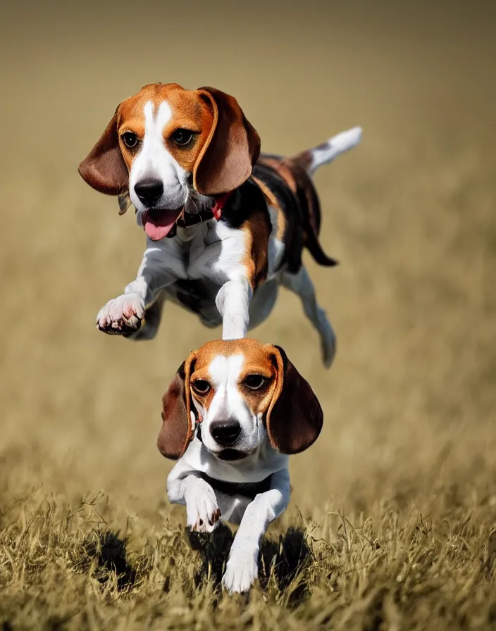 Image similar to a beagle running in a field, matte painting, 8k, depth of field.