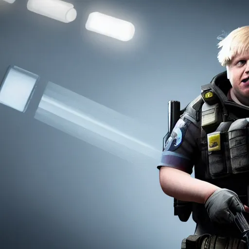 Image similar to boris johnson as a rainbow six siege operator, 4 k, highly detailed