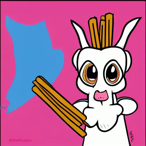 Prompt: high quality !line art! of a goat holding a !churro! stick !in its mouth!