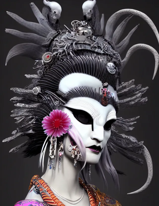 Image similar to 3 d goddess close - up profile simple portrait punk with mohawk with ram skull. beautiful intricately detailed japanese crow kitsune mask and clasical japanese kimono. betta fish, jellyfish phoenix, bio luminescent, plasma, ice, water, wind, creature, artwork by tooth wu and wlop and beeple and greg rutkowski