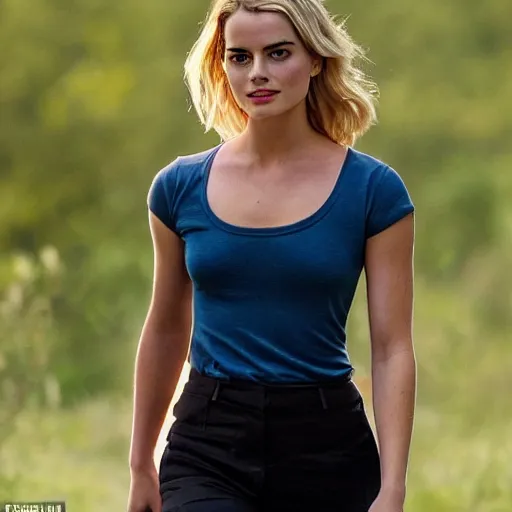 Image similar to a woman who is a genetic combination of margot robbie and emma watson face and upper - body focus