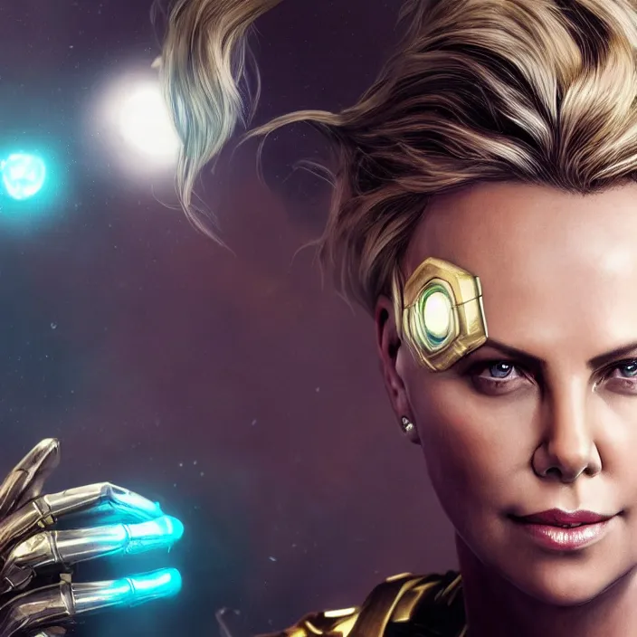 Prompt: portrait of (Charlize Theron), wearing The Infinity Gauntlet. intricate artwork. octane render, trending on artstation, very coherent symmetrical artwork. avengers. thanos. cinematic, hyper realism, high detail, octane render, 8k, iridescent accents