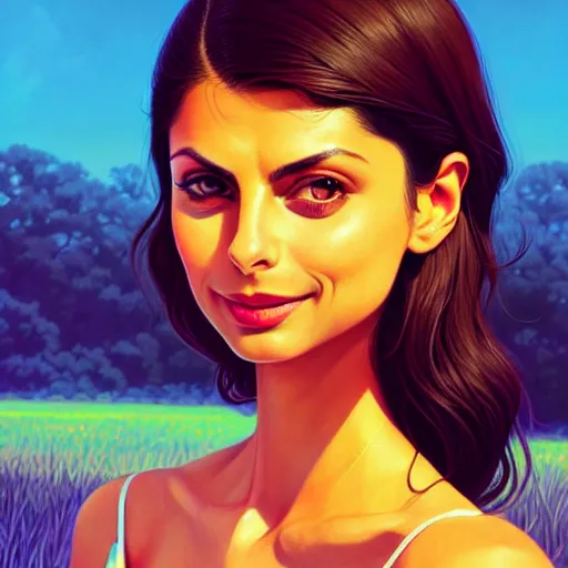 Image similar to Morena Baccarin, sunny day background, intricate, highly detailed, digital painting, artstation, official media, anime key visual, concept art, rich vivid colors, ambient lighting, sharp focus, illustration, art by Artgerm, Makoto Shinkai, Ilya Kuvshinov, Lois Van Baarle, and Rossdraws