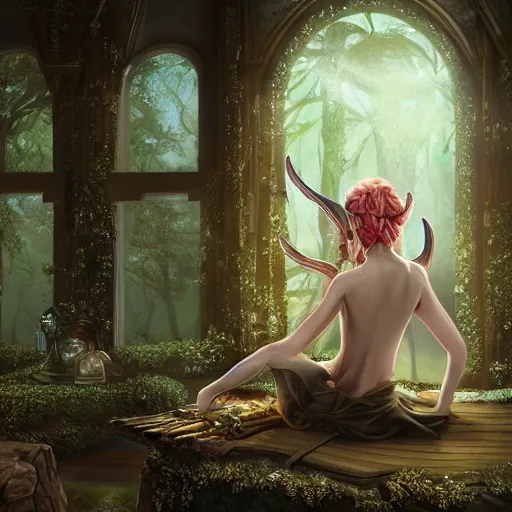 Image similar to An archfey from the Feywild sitting in their dining room alone, 8k resolution, digital art, highly detailed