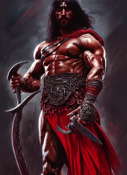 Image similar to portrait of aggresive conan the barbarian, d & d, muscular! athetic slim bodybuilder, red and black, futuristic, fantasy, intricate, elegant, highly detailed, digital painting, artstation, concept art, smooth, sharp focus, illustration, art by artgerm and greg rutkowski and alphonse mucha