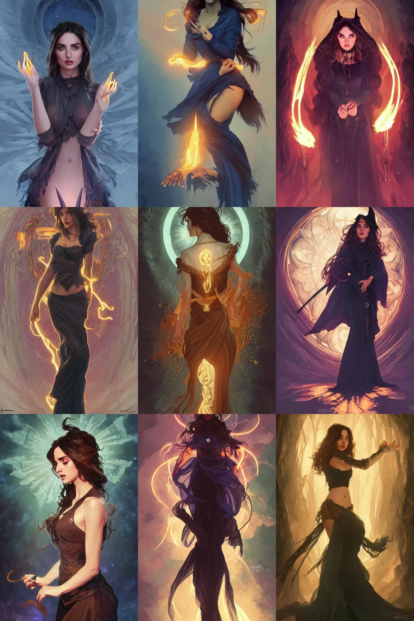 Prompt: ana de armas as a witch, casting a glowing spell out of her hands, ominous, highly detailed, digital painting, artstation, concept art, smooth, sharp focus, illustration, art by artgerm and alphonse mucha, high definition digital art, in the style of Ross tran and ilya kuvshinov