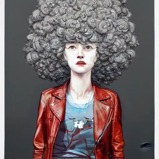 Image similar to james jean artwork of a beautiful girl with an afro and a leather jacket