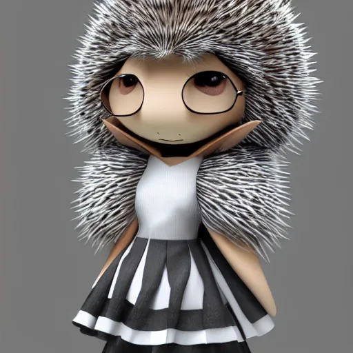 Prompt: cute fumo plush of a hedgehog girl with prickly spines, character design contest winner, silhouette, artstation, vray, anime girl, black and white, striped gothic dress, regal