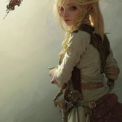 Image similar to elf fairy blond with a beautiful face, with a loot on their back, wearing a cardigan, highly detailed, intricate, digital painting, artstation, sharp focus, illustration, art by jakub rozalski, greg rutkowski, artgerm, tan zi and ayanamikodon and alphonse mucha and wlop