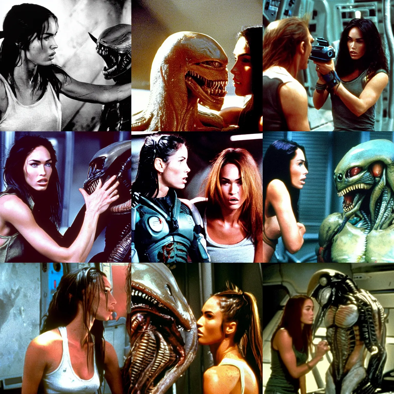 Prompt: film still of Megan Fox talking with a predator in the movie Alien(1990).