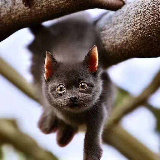 Image similar to a bat kitten, sitting on a tree, photo taken by a nikon, very detailed, 4k