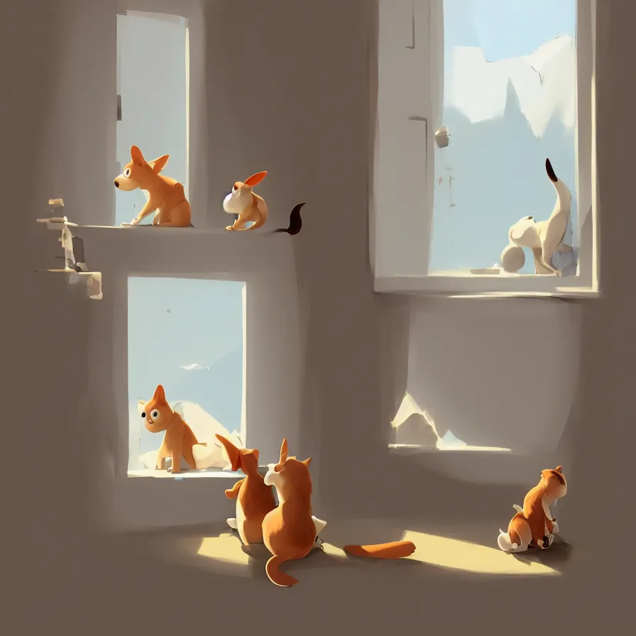 Image similar to Goro Fujita illustrating View from behind of a brown and white dog sitting, ears up and tail active, watching the living room window, art by Goro Fujita, sharp focus, highly detailed, ArtStation