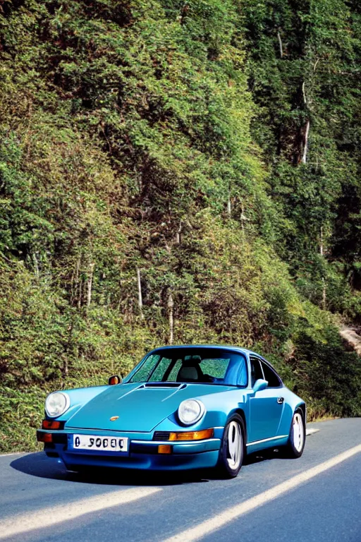 Prompt: Photo of a Porsche 911 Carrera 3.2 on a winding road through mountains and forests. Canon EOS 100, 28-80mm USM MkI, Ektachrome E100