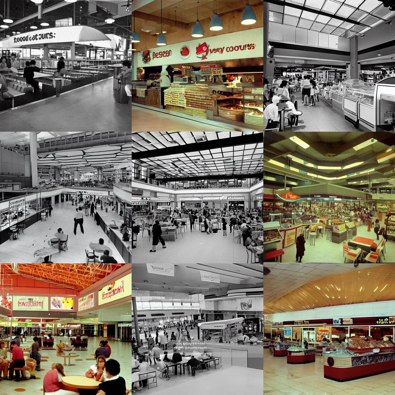 Prompt: the inside of a food court in a mall, 1 9 8 0 s