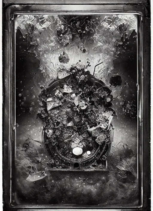 Prompt: old wetplate daguerreotype the opening of pandora's box, explosion of data fragments, fractal, intricate, elegant, highly detailed, parallax, leica, medium format, subsurface scattering, by jheronimus bosch and greg rutkowski and louis jacques mande daguerre