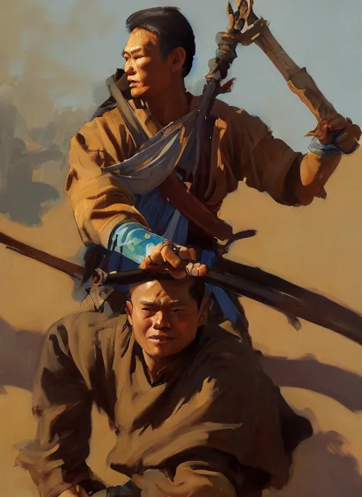 Prompt: greg manchess portrait painting of a filipino man holding a sword sitting on a tank, asymmetrical, profile picture, organic painting, sunny day, matte painting, bold shapes, hard edges, street art, trending on artstation, by huang guangjian, gil elvgren, ruan jia, randy vargas, greg rutkowski