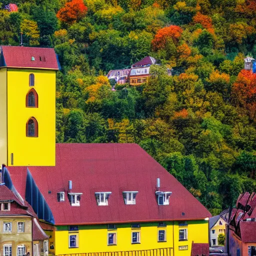 Image similar to a large yellow building with a steeple on top of it, up a hill, a picture by werner andermatt, shutterstock contest winner, heidelberg school, wimmelbilder, hdr, sabattier filter