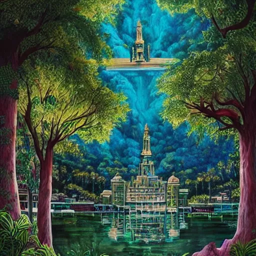 Image similar to Beautiful city of the future in harmony with nature. Beautiful detailed painting by Lurid. (2022)