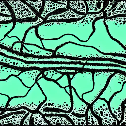 Image similar to painting of black and green synapses against a mint green background