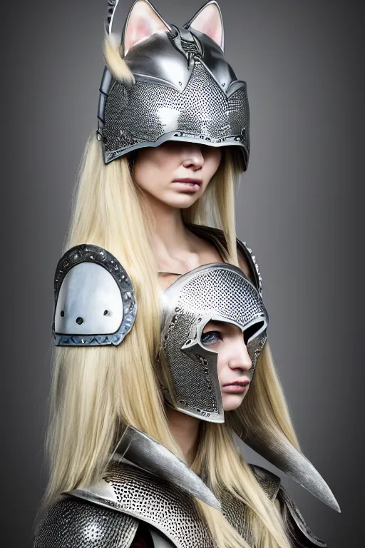 Image similar to female knight wearing a real cat on her head, armor designed by wayne barlowe, swarovski and tiffany, blonde hair, symmetry, sci - fi, cinematic, elegant, luxury, perfect light, perfect composition, dlsr photography, sharp focus, dark fantasy, 8 k, ultra hd, sense of awe, highly detailed, realistic, intricate