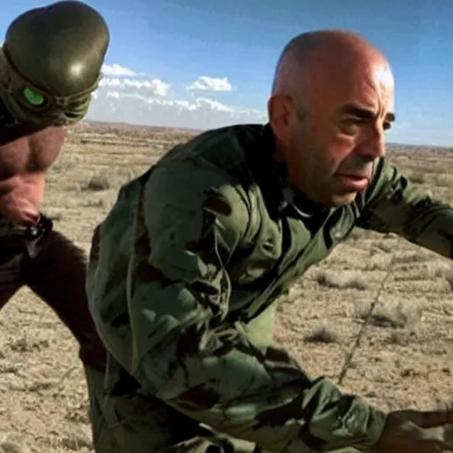 Image similar to joe rogan heroically saving an alien from area 5 1 while being chased by the cia protecting his rights