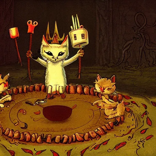 Prompt: a demon cat with a pitchfork in his paws and a crown looks at paradise, where cats circle round dances