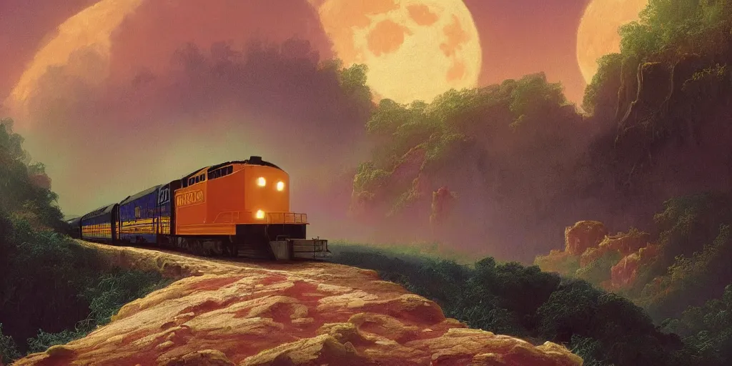 Image similar to very detailed and perfectly readable fine and soft relevant out of lines soft edges painting by beautiful walt disney animation films of the late 1 9 9 0 s and thomas cole in hd, we see a scrapped train in the middle of a lunar landscape, nice lighting, perfect readability, uhd upscale