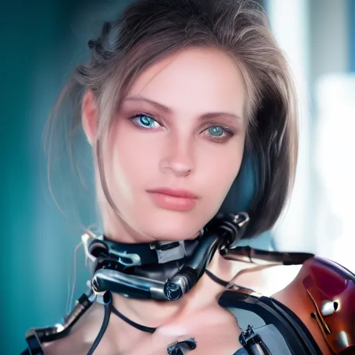 Image similar to portrait photo of a beautiful female cyborg