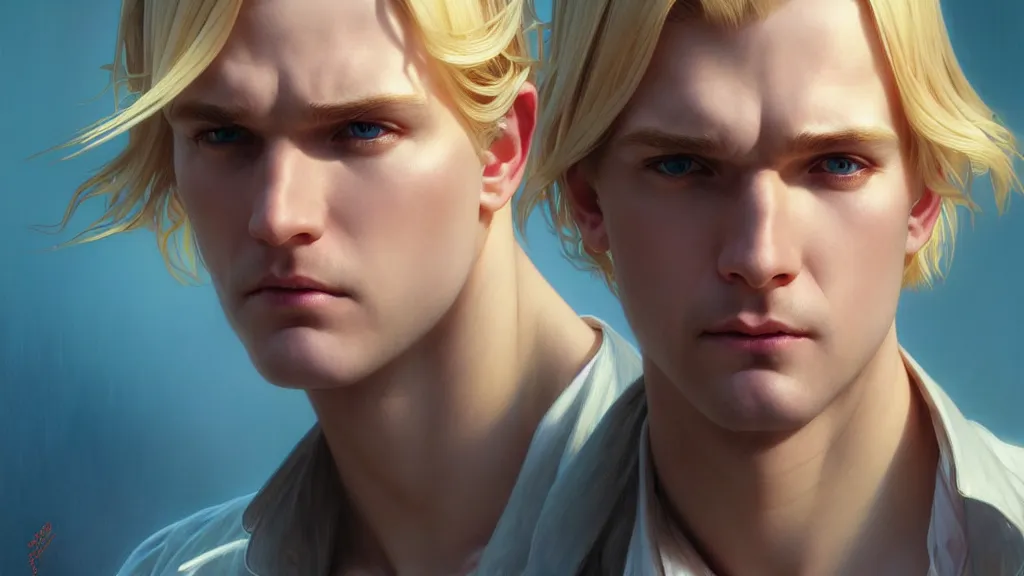 Image similar to highly detailed vfx portrait of a blond centre parting pretty boy with blue eyes by hidari, wenjun lin, alphonse mucha, sakimichan, sharp focus, art by artgerm and greg rutkowski!, backlit, harsh overhead sunlight,