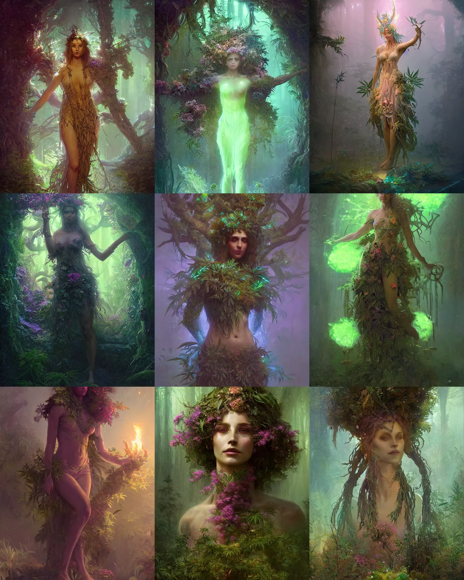 Prompt: goddess of dryad, woman made of weed and trees and plants, fantasy character portrait full body concept art, volumetric neon lights intricate details, by greg rutkowski, gaston bussiere
