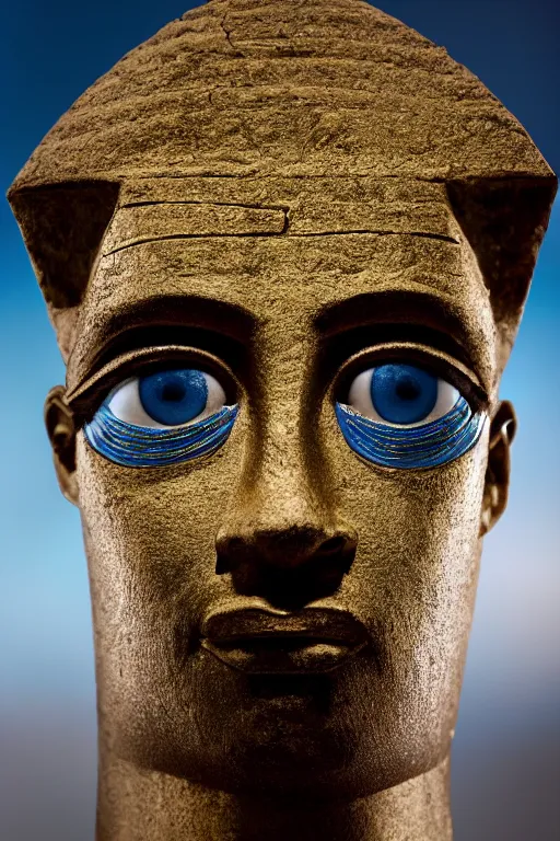 Prompt: portrait of Sam Hyde as an Egyptian God, close-up, sigma male, rule of thirds, award winning photo, highly detailed features, golden hour, eclipse, studio lighting, Egypt Pyramid setting