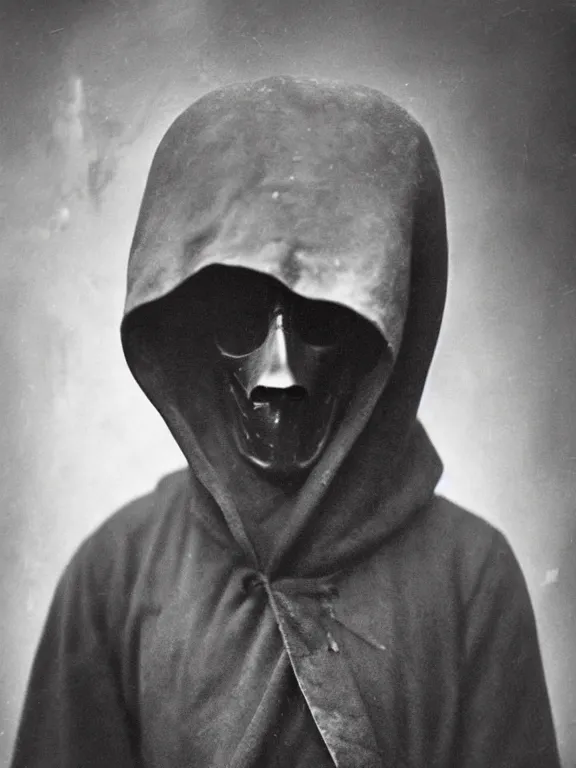 Image similar to portrait of faceless grim reaper with covered face and bright glowing eyes, ww1 photo, grainy, high detail, high resolution,