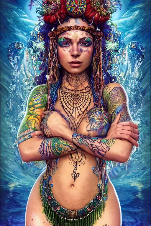 Image similar to a centered full body render of an alluring festival hippy with tribal tattoos surrounded by a underwater ink pour and flowing liquid gallium and sacred geometry, perfect body and face, gorgeous, cinematic, beautifully lit, by artgerm, by karol bak, by donato giancola, 3 d, trending on artstation, octane render, 8 k