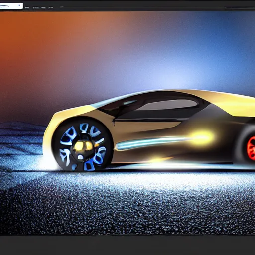 Prompt: a car that shines like Opal gemstone in a dark background. professional digital matte painting.