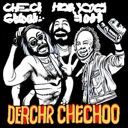 Prompt: cyberpunk Cheech & Chong getting high