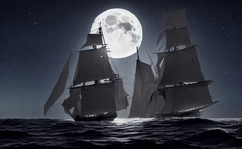 Prompt: an extremely detailed masterpiece of the sailing vessel constitution frigate starboard bow, under sail at night under the full moon, in the style of denis peterson, epic scene, extremely moody lighting, glowing light and shadow, atmospheric, shadowy, cinematic, 4 k