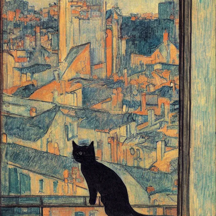 Prompt: city seen from a window frame. fuzzy black cat. henri de toulouse - lautrec, utamaro, matisse, felix vallotton, monet