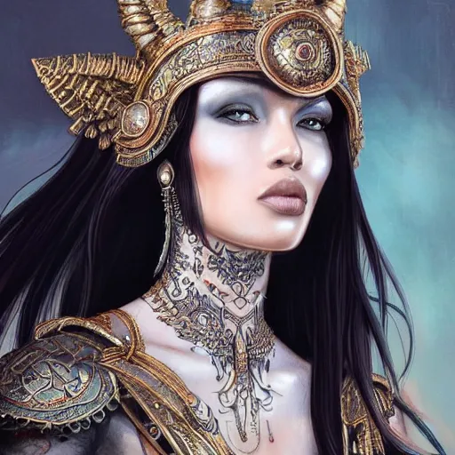 Image similar to an attractive young tattooed female with piercings wearing an white ornate metallic helmet, naomi campbell, olive skin, long dark hair, beautiful bone structure, intricate, elegant, highly detailed, digital painting, artstation, concept art, smooth, sharp focus, illustration, art by artgerm and greg rutkowski and alphonse mucha