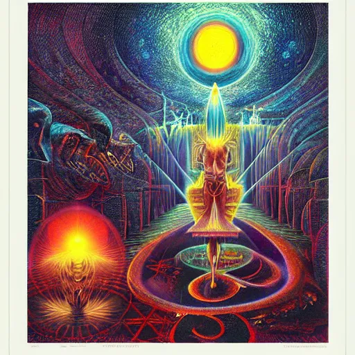 Image similar to hermetic, occult, surreal, hidden knowledge by Paul Lehr, Karl Kopinski and Alex Grey