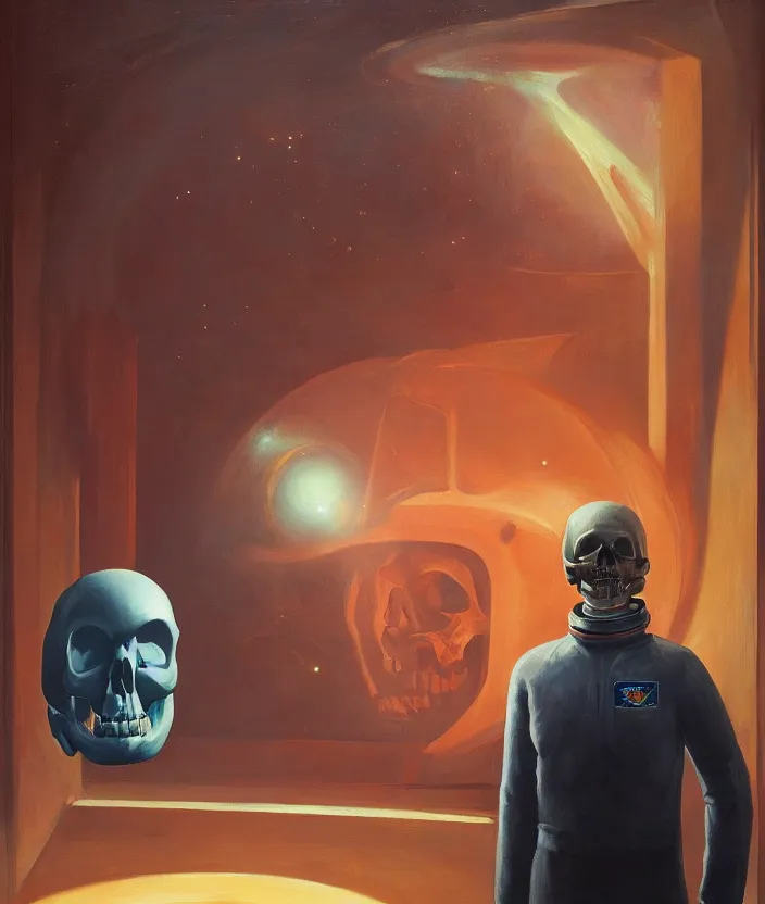 Image similar to a portrait of an astronaut with a skull head standing in front of the entrance to ethereal realm, cinematic and highly detailed oil painting by josep tapiro baro and edward hopper, trending on artstation, oil painting masterpiece, symmetry, mysterious, very aesthetic, cinematic and dramatic red light, 4 k,