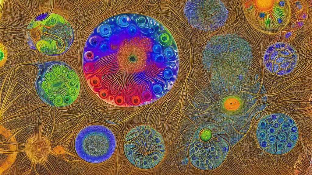 Image similar to quantum connections represented as symbiotic organisms like cells playing around with colorful lights by ernst haeckel, liquid