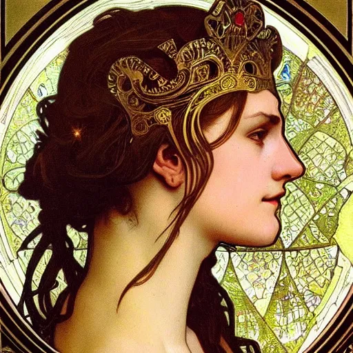 Prompt: realistic detailed face profile portrait of a beautiful young medieval queen by Alphonse Mucha, Greg Hildebrandt, and Mark Brooks, gilded details, spirals, Neo-Gothic, gothic, Art Nouveau, ornate medieval religious icon